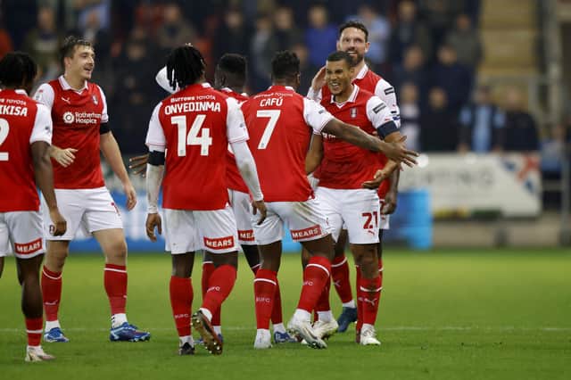 Lee Peltier celebrates after scoring for Rotherham United against Coventry City at AESSEAL New York Stadium. Picture: Jim Brailsford