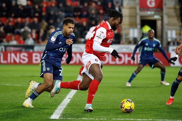 Fred Onyedinma makes inroads into the Leeds United defence for Rotherham United in the Championship clash at AESSEAL New York Stadium. Picture: