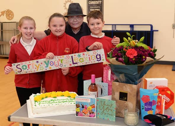 Pupils said goodbye to kitchen assistant Karen Simpson, who retired recently from Dinnington Community Primary School after 34 years - pic by Kerrie Beddows