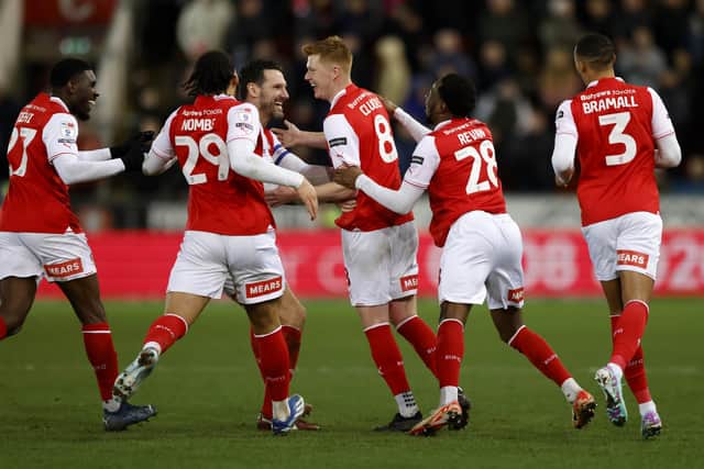 Sam Clucas celebrates after scoring his first Rotherham United goal in spectacular style. Picture: Jim Brailsford